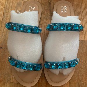NY&CO Women's Blue Crystal-Embellished Flat Sandal